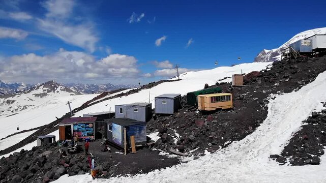 Scenic mountain shelter on snowy mount elbrus