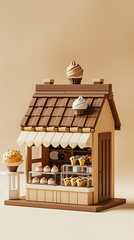 3d Low Poly clay style small bakery shop beige