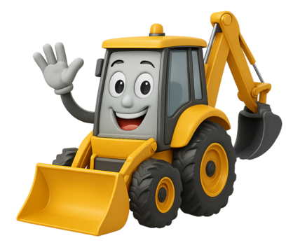Happy backhoe loader mascot waving