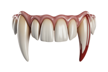 Menacing vampire fangs dripping with blood, perfect for Halloween, horror, or gothic themes