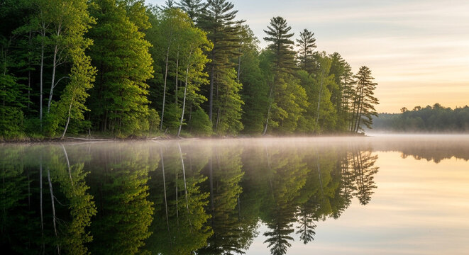 A serene morning scene captures the tranquil beauty of a misty lake surrounded by lush green trees, reflecting the soft light of dawn on the calm water - Powered by Adobe