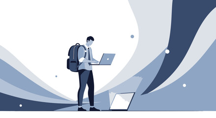 Obraz premium Businessman with a backpack working on a laptop, abstract illustration design