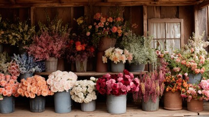 Rustic Flower Stand Displaying a Variety of Blooms and Arrangements in Muted Colors and Vintage Containers