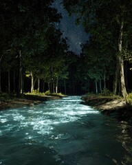 Fototapeta premium Night Forest Stream With Stars