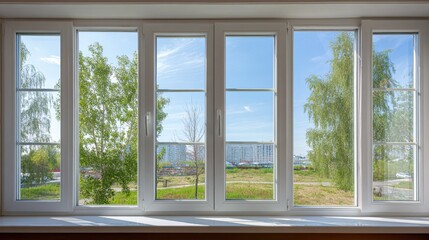 Fototapeta premium Bright Interior View: White Framed Window with Greenery and Blue Sky Outside, Showcasing Modern Home Comfort