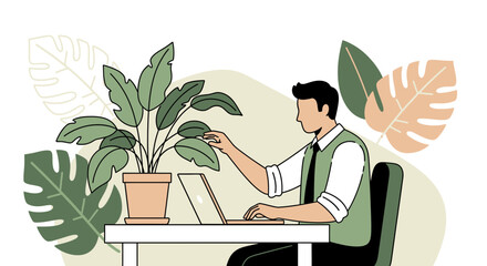 Businessman working on laptop and caring for plant in workplace with illustration