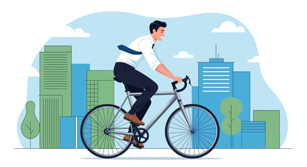 Fototapeta premium Businessman Cycling to Work in the City, an Illustration of Urban Commuting