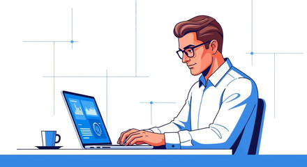 Businessman working on laptop looking at data, business analytics and financial concept