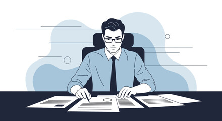 Businessman working on paperwork at his desk, business concept document and office