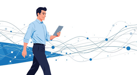 Businessman working on tablet while walking representing concepts of business and technology