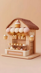 3d Low Poly clay style small bakery shop beige