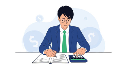 Businessman working with calculator and paperwork, financial illustration and accounting