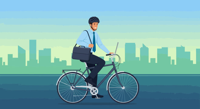 Businessman cycling to work with laptop and briefcase in a city vector illustration