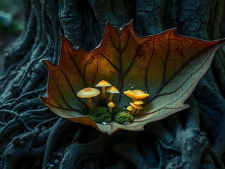 Dark botanical artwork with luminous leaf and jewel center