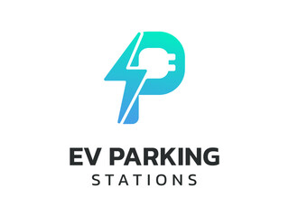 EV Parking Stations with overlapping lightning bolt symbol in letter P Word Meaning point parking EV stations vector design concept. Letter P logotype symbol for Electric Car, EV station, ui, sign.