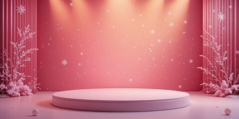 Pastel pink 3D podium with floral branches and falling snow elements, elegant minimal background stage illuminated by warm spotlights for product display, festive event and showcase
