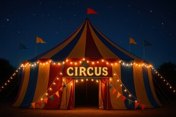Nighttime circus big top glowing with string lights festive entrance and starry sky above