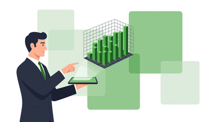 Businessperson analyzing financial data using a tablet and a chart for analytics