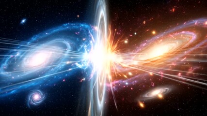 Spectacular cosmic collision visual effect featuring two galaxies merging in deep space, - Powered by Adobe