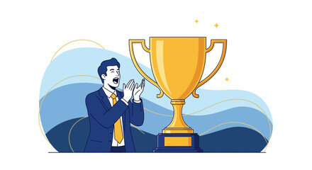 Businessperson Celebrates Triumph Near Award Trophy, Achieving Great Success and Winning