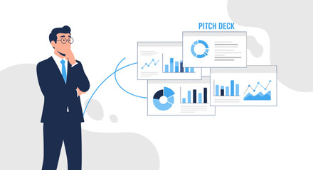 Businessperson Contemplating Data Visualization in Digital Pitch Deck Presentation