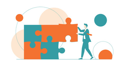 Businessperson Completing Puzzle Demonstrates Teamwork and Strategic Problem Solving in Modern
