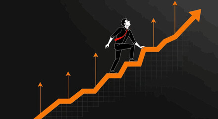Businessperson Climbing Orange Arrow Symbolizing Progress, Success, And Growth
