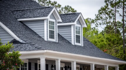 Residential House Exterior Featuring Asphalt Shingle Roof, Dormers, and Vinyl Siding for Real Estate Marketing