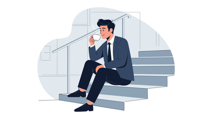 Businessperson Drinking Coffee While Seated on Stairs During A Brief Moment Of Repose