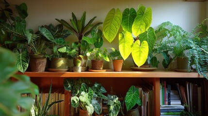 Indoor Plant Collection on Shelf: A Diverse Assortment of Potted Greenery in Natural Light