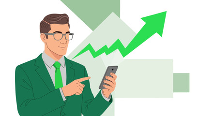 Businessman Looking at Mobile Phone with Upward Arrow Indicating Growth Visualization