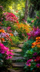 Lush Garden Path with Vibrant Flowers: A Serene and Colorful Outdoor Escape