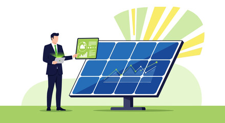 Businessman monitoring solar energy output next to sunlight solar panel, electricity  generation
