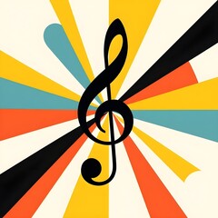 Retro treble clef symbol with colorful sunburst background