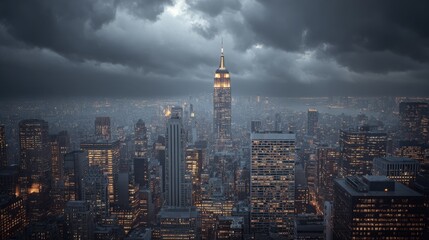 Fototapeta premium Dramatic Skyline View of a Major City at Dusk, Featuring Illuminated Buildings and Moody Atmosphere