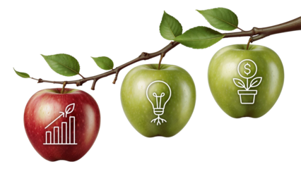 Three apples at a branch with business icons