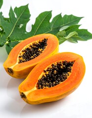 Two halves of a papaya, fresh and juicy