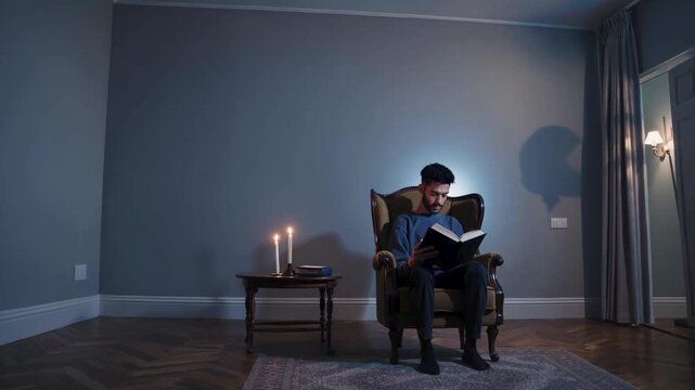 Candle reading comforts man in dark room, gentle flame guides slow candle reading rhythm, silent night supports mindful candle reading habit. Concept mindful rest