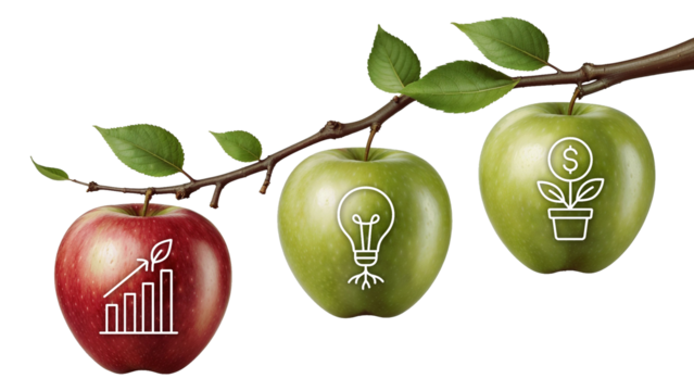 Three apples at a branch with business icons