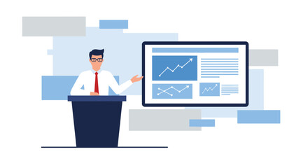 Businessman Presenting Data Analysis On Screen With Charts Representing Rise And Growth