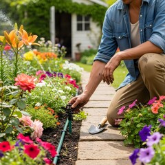 Fototapeta premium Man gardening in an outdoor flowerbed, adjusting a sprinkler for watering flowers in a garden. Home garden care concept.