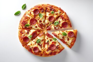 Delicious Pepperoni Pizza with Fresh Basil, Sliced and Ready to Eat on White Background