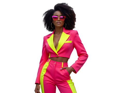Modern street fashion portrait of woman in bold pink jacket