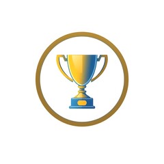 Gold trophy emblem with champion ribbon and round frame