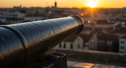 Ancient cannon overlooking cityscape with sunset backdrop