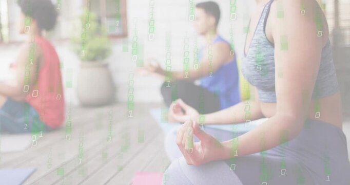Yogis arriving on deck spreading mats assuming mudra for health with green code overlay drifting