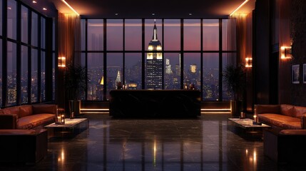 Luxury Apartment Interior with City View at Dusk, Featuring Modern Design and Elegant Furnishings