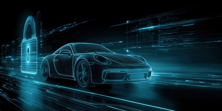 Cybersecurity concept showcasing a car and a padlock in a futuristic, digital environment, emphasizing data protection. - Powered by Adobe