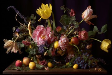 Dutch Masters Inspired Floral Still Life with Tulips, Peonies, Apples and Grapes on a Dark Background