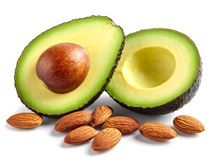 Two halves of a ripe avocado with almond nuts